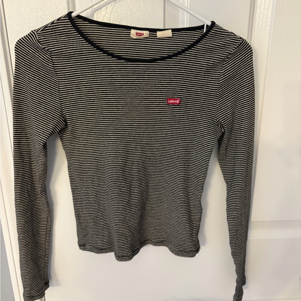 Levi's Black & White Striped Long Sleeve Crew Tee with Red Logo